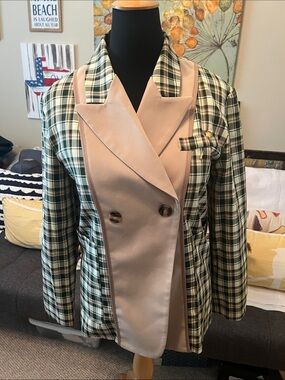 Plaid Green & Blush Double-Breasted Women's Blazer by J Bolin